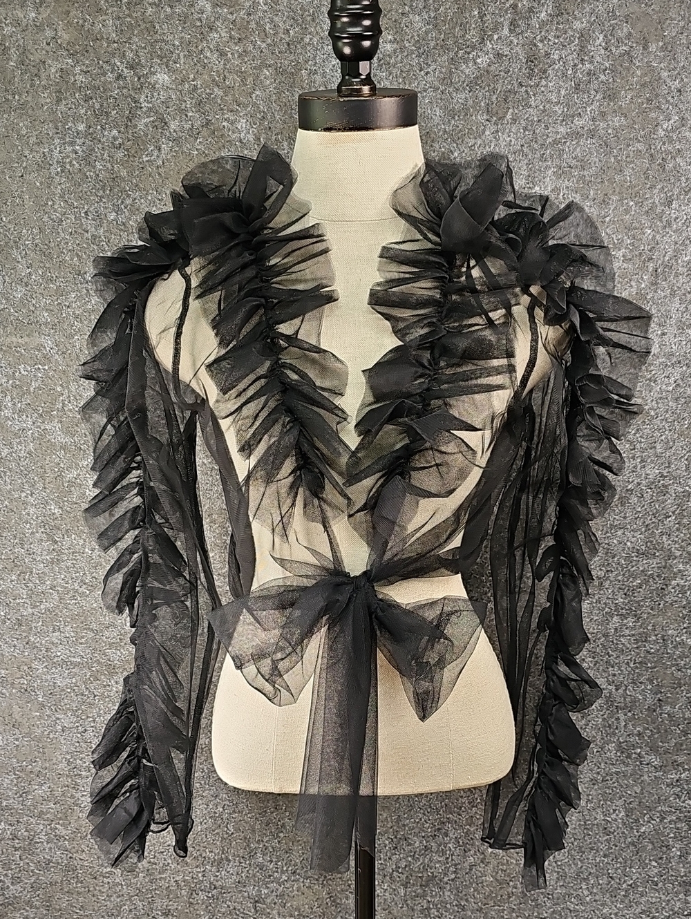 Julia by Love J Ruffled Tulle Tie Front Sheer Bolero Shrug, Black, Medium, NWOT